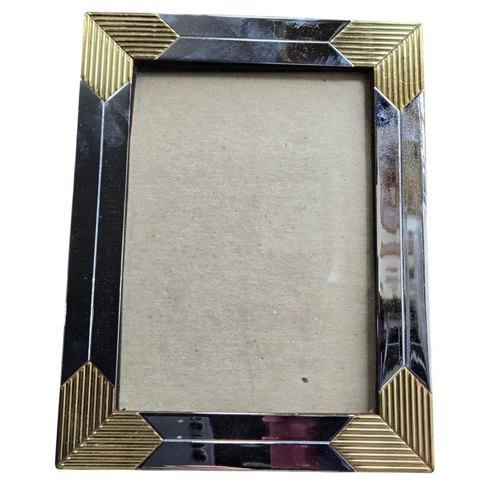 Vintage Silver Tone Gold Picture Frame 5x7 Art Deco Geometric Tabletop Korea